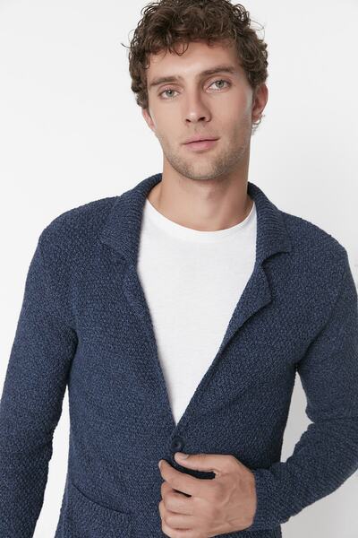 Trendyol Collection Sötétkék karcsúsított gyapjúkabát gallér texturált zsebek kötöttáru kardigán TMNAW21HI0060