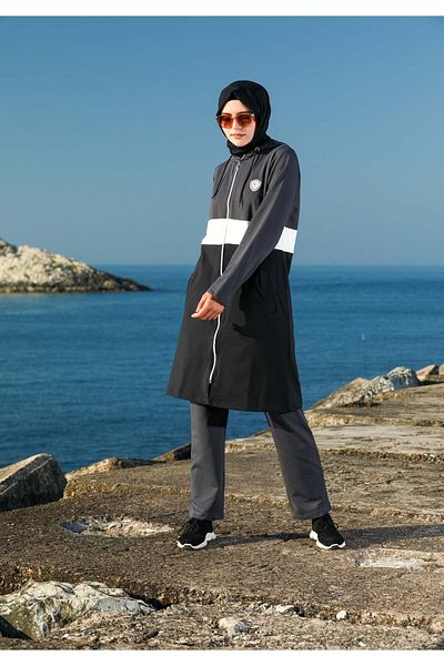 Elif Okur Hooded Hijab Tracksuit Set Smoke 1084