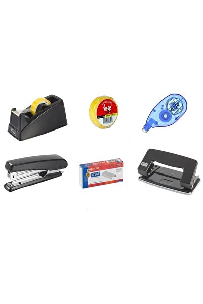 KRAF 6 Parça Ofis Kırtasiye Seti + Delgeç - Bant Kesici - Daksil - Bant - Zım...