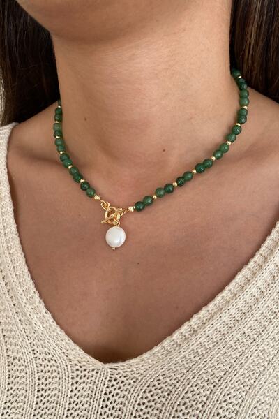 Suerte Accessories Faset Kesim Yeşim Doğal Taş Gerçek Inci Ve Altın Kaplama G...