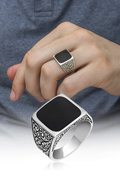 ALYANSEVİM Kare Siyah Mineli Erzurum Işleme 925 Gümüş Erkek Yüzük