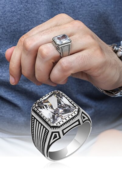 ALYANSEVİM Kare Zirkon Beyaz Taşlı 925 Gümüş Erkek Yüzük