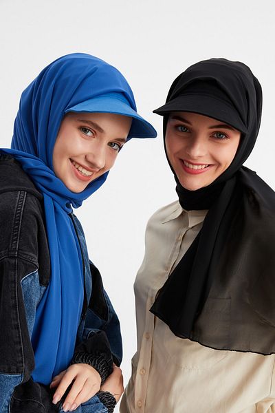 Butikgiz Women's Hijab Multi Chiffon Silky Shawl and Cotton Combed Visor Hat Pair Black and Blue Set