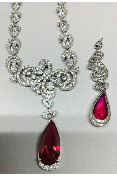 Noemi Zircon Taslı Yakut Renkli Kolye Küpe Set