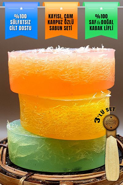 FANTASTİK SANAT ATÖLYESİ Decorative Gift Skin Friendly Pine, Apricot, Watermelon Extract Scented Natural Pumpkin Fiber 3-Piece Soap Set