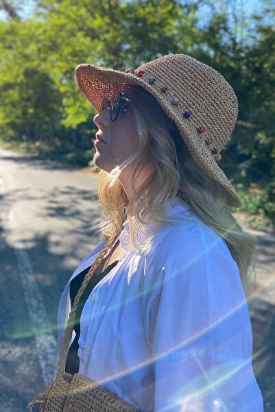 Gia Design Kağıt Ip El Örgüsü Hasır Camel Rengi Şapka Ve Çanta Seti