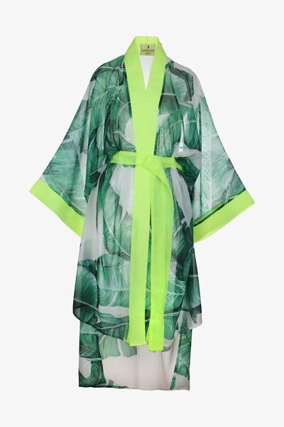 Gaintart Özel Yaprak Desen Ipek Şifon Üzeri Neon Yeşil Ipek Şifon Biye Ve Kuş...