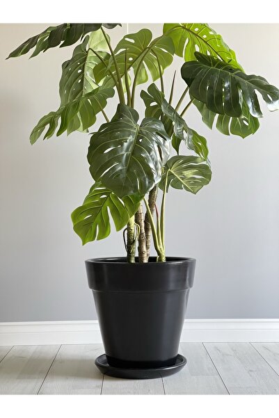 odka 40litre Kalın Dudaklı Konik Saksı Tabaklı Yükseklik:38cmx Çap:40cm Siyah