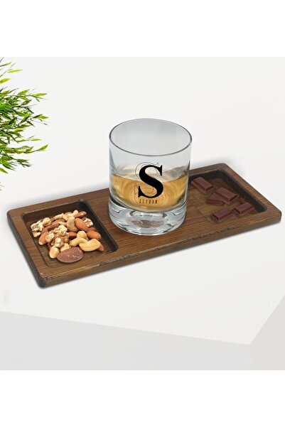 Bk Gift Kişiye Özel Isimli Viski Bardağı Ve Doğal Masif Ahşap Dikdörtgen Sunu...