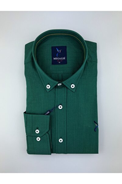 MEGALDİ Erkek Sim Fit Yeşil Keten Gömlek