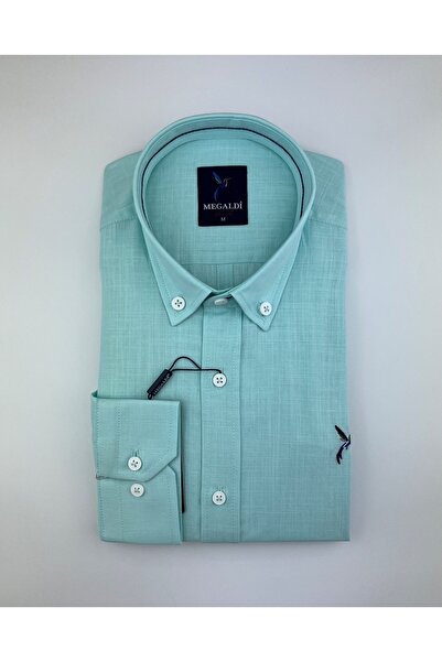 MEGALDİ Erkek Sim Fit Su Yeşili Keten Gömlek