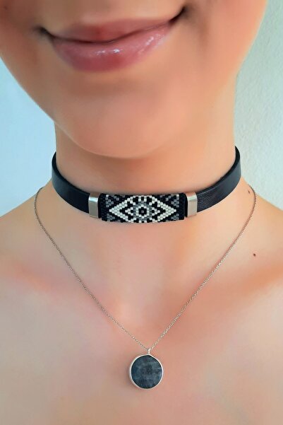 LADYMİRAGE Miyuki Gümüş Choker Deri Kolye