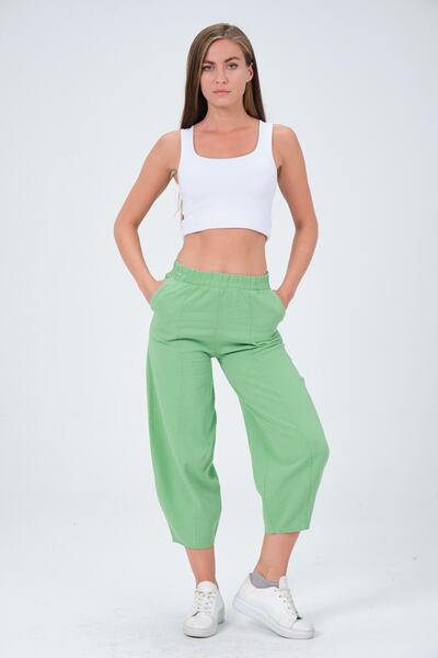 diaves Women's Green Viscose Linen Shalwar Capri Pants with Elastic Waist Pockets