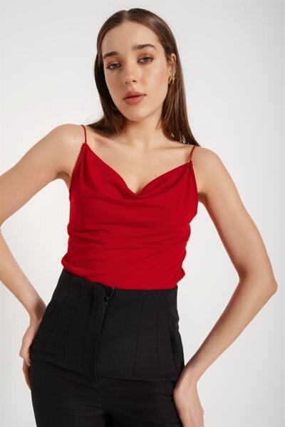 alenmoda Women's Red Ruffle Collar Strap Blouse