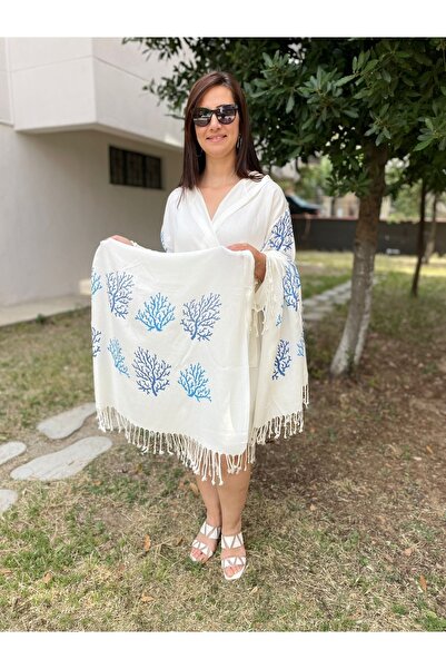 My-o Γυναικεία μπουρνούζι με κουκούλα μπλε κοραλλί με στάμπα μπαμπού Peshtemal και πετσέτα Peshtemal Λευκό Σετ 2 τεμαχίων