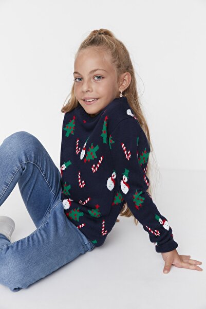 TRENDYOLKIDS Pulover unisex, tricotaje pentru copii, albastru bleumarin, jacquard TKDAW23KZ00042