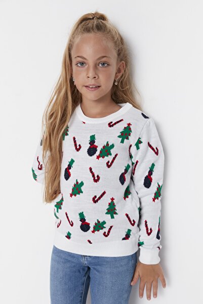 TRENDYOLKIDS Ecru Jacquard Dívčí pletený svetr TKDAW23KZ00042