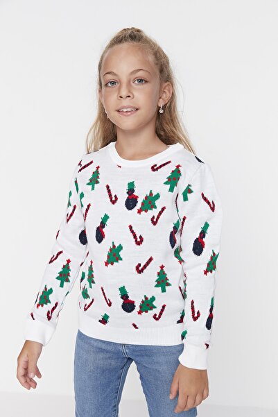 TRENDYOLKIDS Ecru Jacquard Dívčí pletený svetr TKDAW23KZ00042