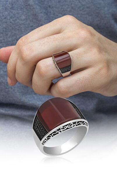 ALYANSEVİM Karpuz Kesim Kırmızı Taşlı 925 Gümüş Erkek Yüzük