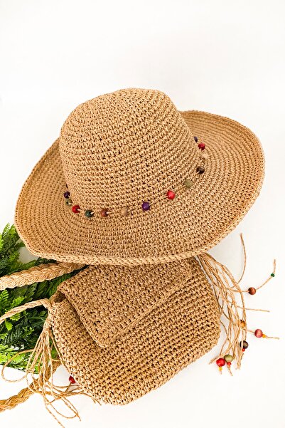 Gia Design Kağıt Ip El Örgüsü Hasır Camel Rengi Şapka Ve Çanta Seti