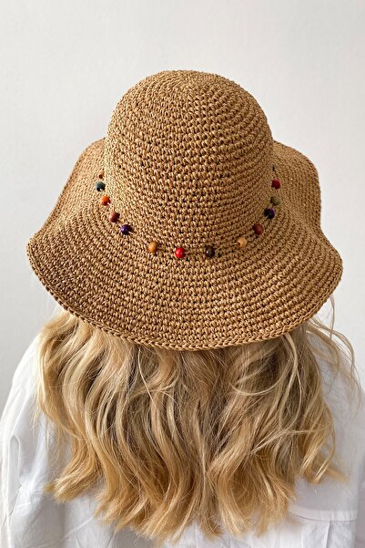 Gia Design Kağıt Ip El Örgüsü Hasır Camel Rengi Şapka Ve Çanta Seti