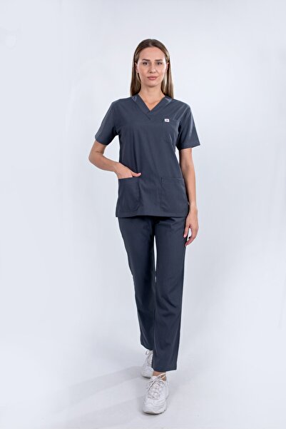monotıp Costum chirurgical Soft material elastic , uniformă pentru asistentă medicală, unisex, mânecă artificială, gri închis