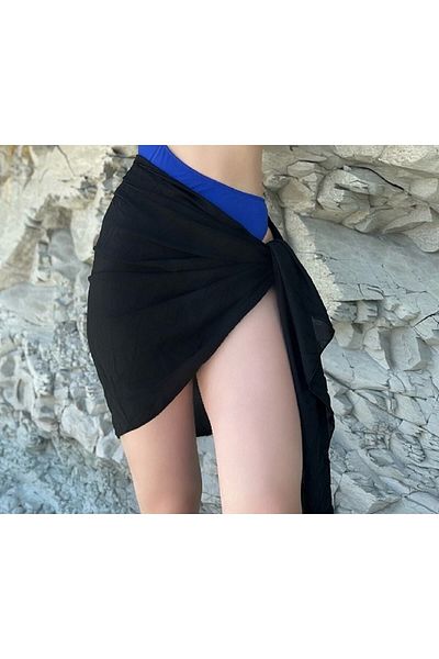 TREND Women's Pareo Waist Tie Beach Dress Black Plain Pareo