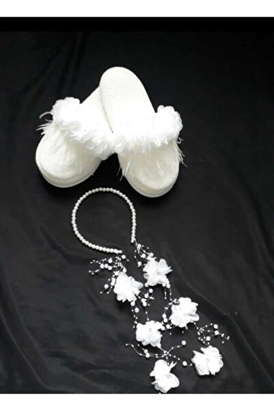 Elzem Tasarım Hediyelik Ekru Lohusa Terlik Taç Seti