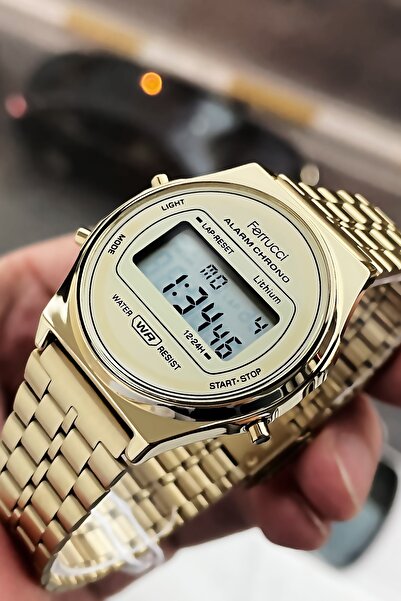 Ferrucci 3 Atm Su Geçirmez Gold Renk Çelik Kordon Unisex Dijital Kol Saati Elg631