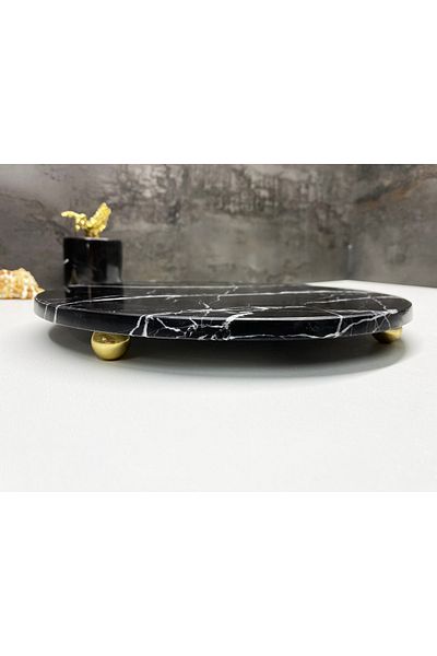 Modestmar Natural Stone Black Round Presentation Plate Gold Top Foot
