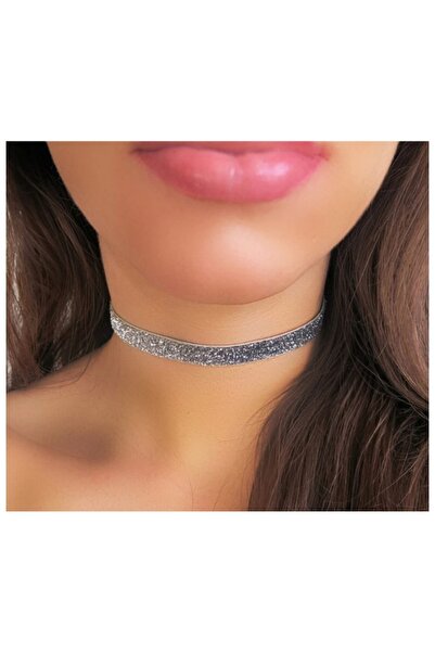 TakıConcept Kalp Detaylı Parlak Simli Gümüş Renk Choker Kolye