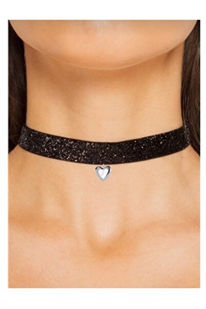TakıConcept Kalp Detaylı Parlak Simli Siyah Choker Kolye