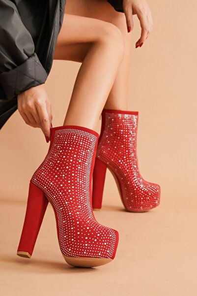 Ayakkabı Ateşi Tiger Kırmızı Süet Taşlı Yüksek Topuklu Kadın Bot