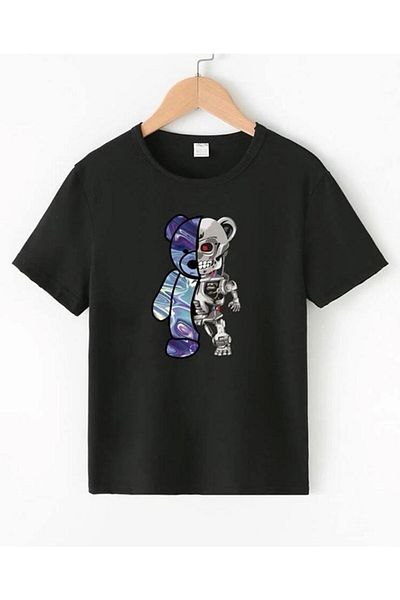 Machetta Tricou negru oversize cu imprimeu robot colorat pentru fete/băieți