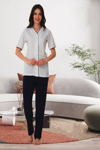 by İGP Women's Navy Blue Buttoned Front Short Sleeve Pajama Set Effortt