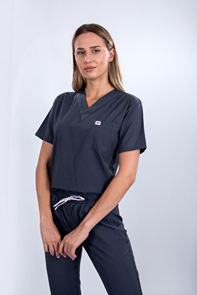 monotıp Costum chirurgical Soft material elastic , uniformă pentru asistentă medicală, unisex, mânecă artificială, gri închis