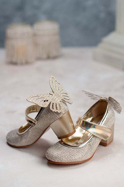 MİNİ WOMEN Girl's Heeled Shoes Butterfly Detailed Gold