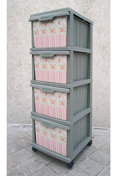 abnturk Büyük Boy Bordürlü Çiçek Desen 4 Çekmeceli Tekerlekli Komidin Yüksekl...