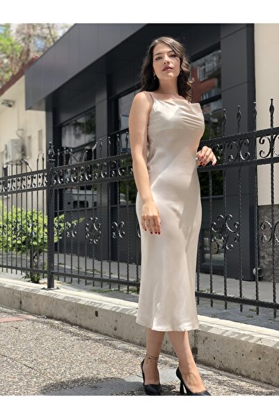 AYHAN Kadın Bej Saten Elbise