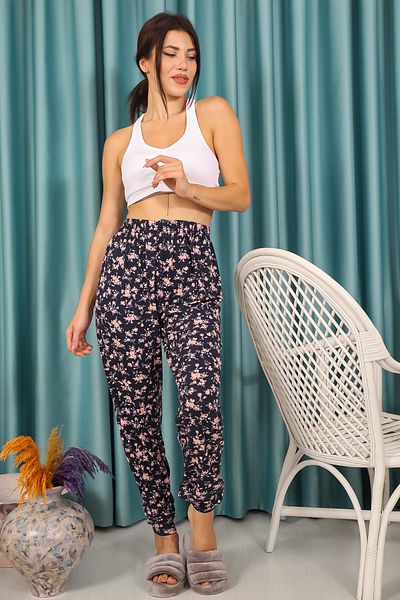 MAYSSTORE Pantaloni negri de pijama - cu model de flori roz și manșete