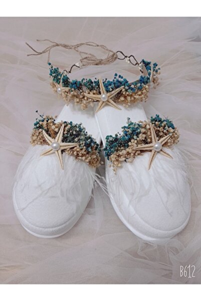 Elzem Tasarım Hediyelik Mavi Beyaz Süslü Lohusa Terlik Taç Seti