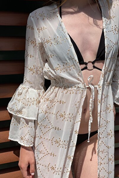 Roselenda Isadora Kadın Krem Gold İşlemeli Beachwear Plaj Elbisesi Kimono