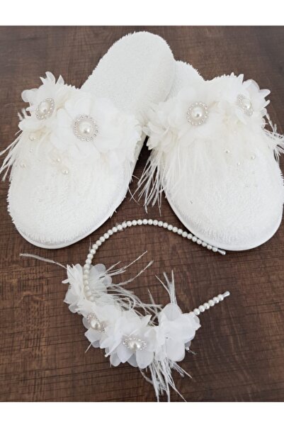 ecrin tuhafiye hobi Beyaz Çiçekli Inci Lohusa Terlik Taç