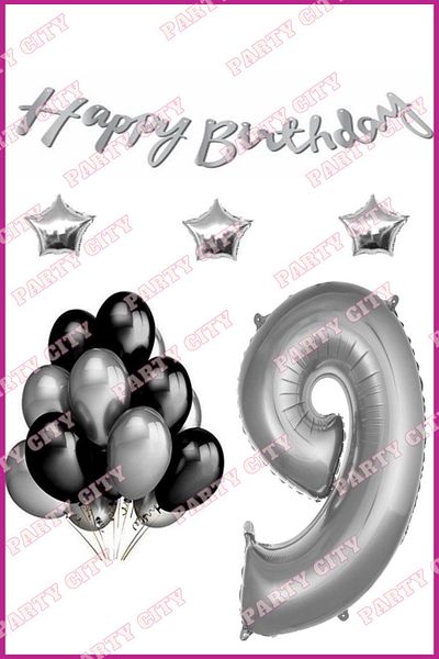 Party City Silver Happy Birthday Concept 9 Years Birthday Decoration Set