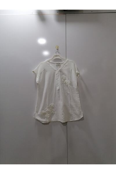 NUR TEKSTİL Kadın Beyaz %100 Pamuk Şile Bezi Omuz & Sırt Kısmı File Detay Bluz