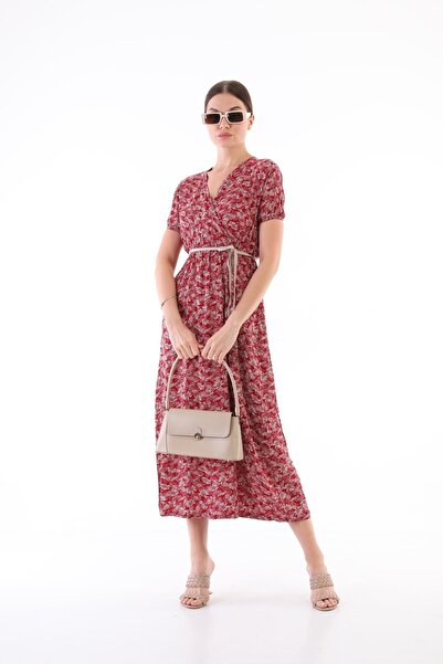 KaSheHa Bordo-beyaz Kruvaze Yaka Bağcıklı Kol Ve Beli Lastikli Dokuma Viskon ...