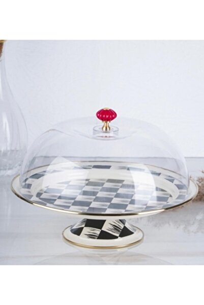 ACAR Damalı Lüks Emaye Kapaklı Kek Fanus