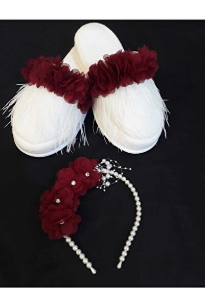 ecrin tuhafiye hobi Bordo Lohusa Terlik Taç Seti