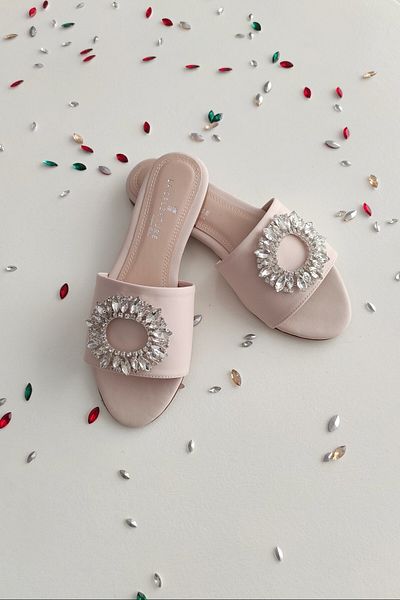 LA CALZATURE Beige Matte Satin White Glass Stone Daily Women's Slippers