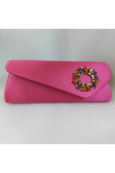 bsc حقيبة سهرة من الساتان الفوشيا اللامعة ذات اللون الحجري